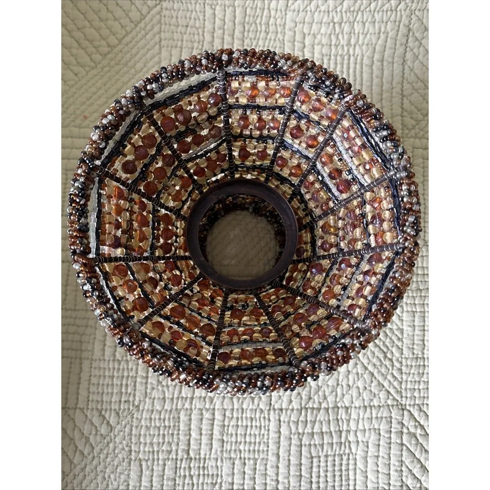 Vintage Beaded Lamp Shade Amber Brown Seed Bead Wire Frame Replacement Shade 4